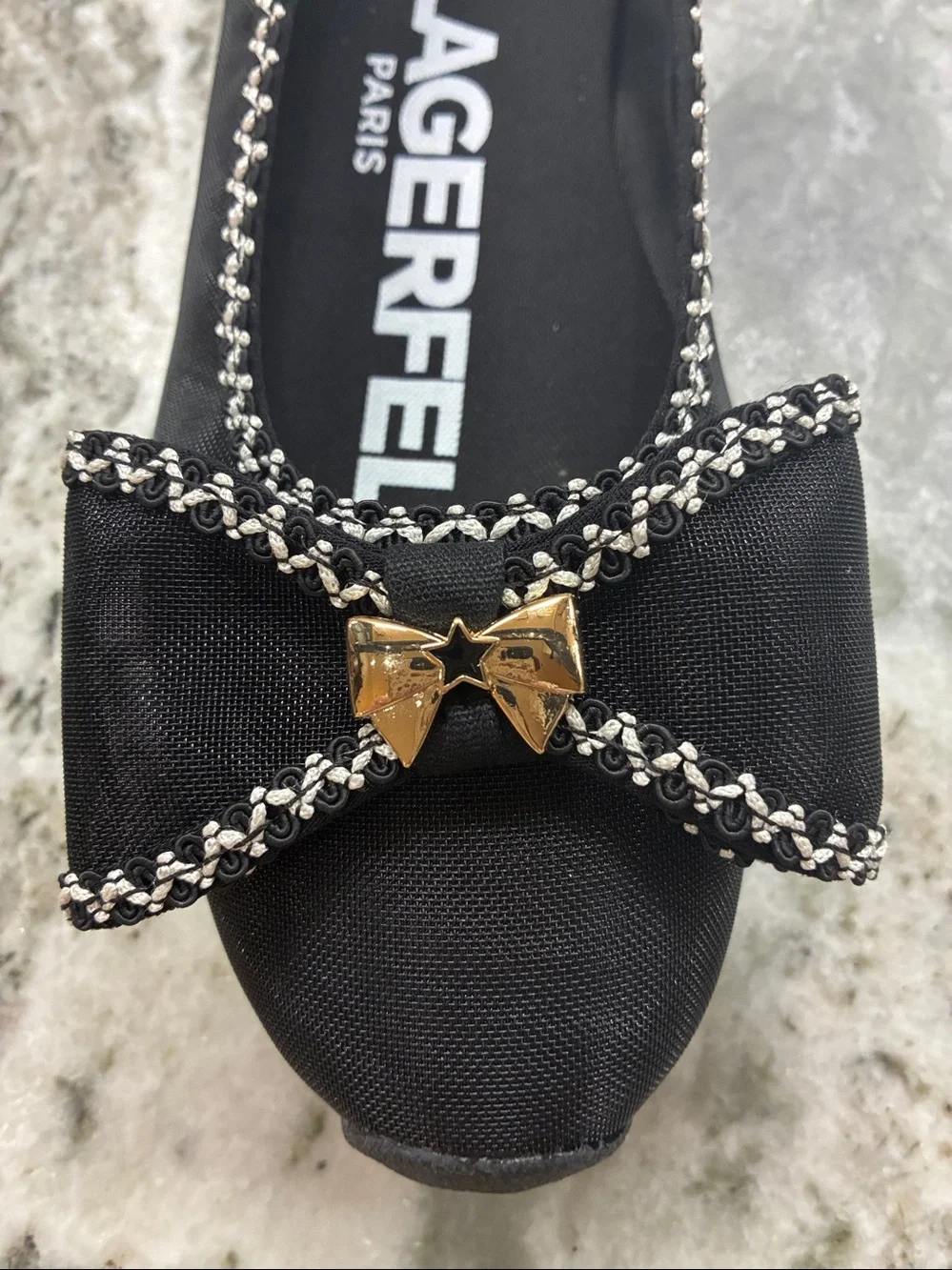Karl Lagerfeld Black Ballet Flats with Chain-Trim Bow